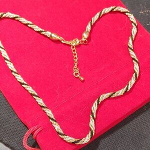 Gold Tone Metal Chain and Grey & Dark Brown Twisted Silk Ropen Necklace
